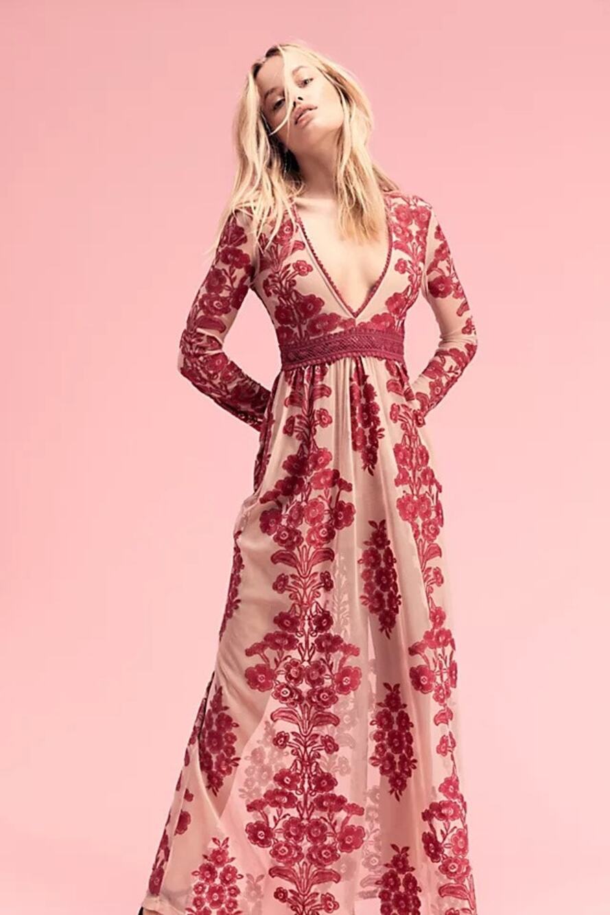 For Love & Lemons Temecula Maxi Dress Raspberry Wine Floral Lace Size Large